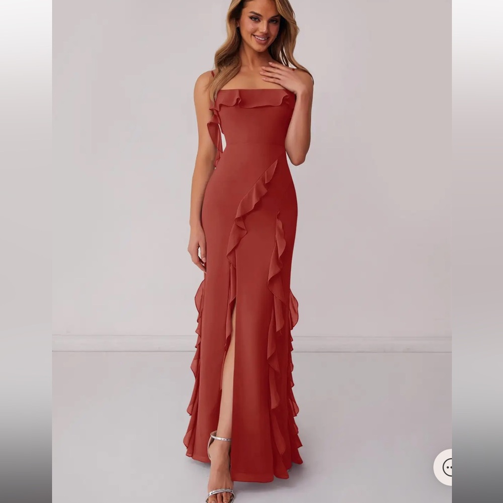 Azazie Terracotta Chiffon Ruffle Column Dress with Slit